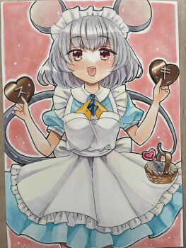 Rule 34 | 1girl, :d, absurdres, alternate costume, animal ears, apron, basket, blue dress, blush, candy, chocolate, chocolate heart, commentary request, cowboy shot, dress, enmaided, food, grey hair, hands up, heart, heart-shaped food, highres, holding, holding chocolate, holding food, holding with tail, kae (bluebluebluebelly), lace, lace-trimmed skirt, lace trim, maid, maid apron, maid headdress, marker (medium), mouse (animal), mouse ears, mouse girl, mouse tail, nazrin, neckerchief, open mouth, photo (medium), prehensile tail, puffy short sleeves, puffy sleeves, red eyes, short hair, short sleeves, skirt, smile, solo, standing, tail, teeth, touhou, traditional media, upper teeth only, valentine, white apron, white headdress, yellow neckerchief