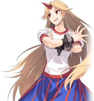 1girl artist_request blonde_hair blue_skirt breasts cuffs game_cg horns hoshiguma_yuugi labyrinth_of_touhou_(series) labyrinth_of_touhou_2 large_breasts long_hair official_art oni open_mouth puffy_short_sleeves puffy_sleeves red_eyes red_horns shackles shirt short_sleeves single_horn skirt smile solo teeth third-party_source touhou transparent_background upper_teeth_only very_long_hair white_shirt
