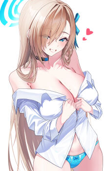 1girl absurdres asuna_(blue_archive) black_choker blue_archive blue_bow blue_halo blue_panties blush bow bow_panties breasts brown_hair choker cleavage collarbone commentary_request dress_shirt eyes_visible_through_hair grin hair_over_one_eye halo heart highres large_breasts long_hair long_sleeves looking_at_viewer mole mole_on_breast navel panties shirt smile solo ssb_(nit8921) underwear undressing very_long_hair white_shirt