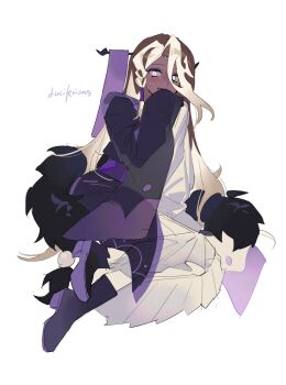 1boy :d affogato_cookie alternate_hair_length alternate_hairstyle androgynous asymmetrical_bangs black_boots black_kimono blush boots braid brown_hair colored_shoe_soles colored_tips cookie_run cookie_run:_kingdom dark-skinned_male dark_skin eyeshadow full_body hair_between_eyes high_heel_boots high_heels highres humanization japanese_clothes kimono long_hair long_sleeves looking_at_viewer makeup male_focus multicolored_hair open_mouth purple_eyeshadow shime52631 side_braid simple_background single_braid sitting sleeves_past_wrists smile solo sweat trap two-tone_hair very_long_hair white_background white_eyes white_hair wide_sleeves yokozuwari