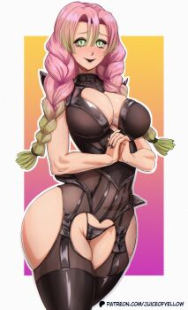 1girl absurdres braid breasts cameltoe cleavage curvy female_focus goth_fashion green_eyes green_hair highres juiceofyellow kanroji_mitsuri kimetsu_no_yaiba large_breasts lipstick long_hair looking_at_viewer makeup mole mole_under_eye multicolored_hair nail_polish pink_hair simple_background skindentation solo thick_thighs thighhighs thighs twin_braids twintails two-tone_hair wide_hips
