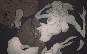 1boy 1girl black_gloves black_headwear black_mask bloodborne breasts collarbone creature eldritch_abomination erection gloves hair_over_eyes hunter_(bloodborne) imminent_penetration interspecies large_breasts lying mask monster_girl mouth_mask nipples on_back open_mouth outdoors penis pussy signature sitting snail_girl snail_woman_(bloodborne) tongue tongue_out twitter_username vambraces water white_hair xxxenokun