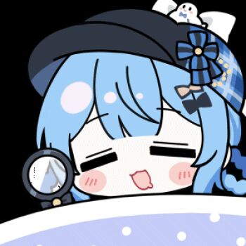 1girl :3 :d =_= animated animated_gif artist_collaboration black_hat blanket blue_hair braid braided_hair_rings chibi chibi_only chunye_haruya closed_eyes drooling facing_viewer hair_rings hat lowres magnifying_glass mahou_shoujo_no_majo_saiban mouth_drool nekoyashiki_riri no_nose open_mouth short_hair simple_background sleeping smile solo tachibana_sherry transparent_background under_covers upper_body zzz