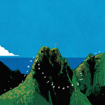 Rule 34 | bird, blue sky, day, flag, golf, golf course, highres, iida kento, no humans, ocean, original, scenery, sky