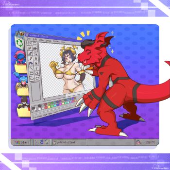 4girls angry art_program_in_frame beret bikini binary black_hair blue_hair breasts claws closed_eyes colored_skin commentary dclaret digimon digimon_(creature) english_commentary gold_bikini guilmon hand_on_own_hip hat head_wings highres holding holding_pencil horns huge_breasts icon_(computing) internet_explorer kuramon ladydevimon lamiamon lilithmon mask microsoft_paint_(software) microsoft_windows multiple_girls pencil pointy_ears purple_background recycle_bin red_skin shutumon swimsuit tongue tongue_out wings yellow_eyes