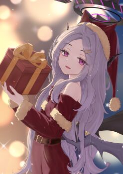 1girl absurdres bare_shoulders belt black_halo black_horns blue_archive blurry blurry_background bokeh box christmas commentary_request demon_girl demon_horns demon_wings depth_of_field dress from_side fur-trimmed_sleeves fur_trim gift gift_box hair_ornament hairclip halo highres hina_(blue_archive) holding holding_box horns long_hair long_sleeves looking_at_viewer looking_to_the_side low_wings moonlightcookie_(82715678) multicolored_halo off-shoulder_dress off_shoulder open_mouth parted_bangs purple_eyes purple_hair purple_halo purple_wings red_dress santa_costume santa_dress snowing solo two-tone_halo wings