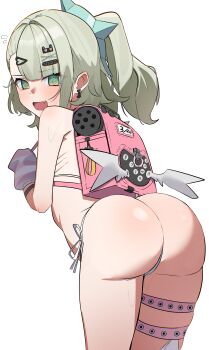 Rule 34 | 1girl, @ @, absurdres, arm warmers, ass, backpack, bag, facing away, fang, green hair, hair ornament, highres, looking at viewer, nemu (jdgz3357), nude, open mouth, panties, randoseru, side-tie panties, side ponytail, simple background, skin fang, solo, striped arm warmers, sunna (zenless zone zero), thigh strap, thighs, underwear, white background, zenless zone zero