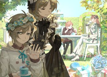 Rule 34 | 4boys, absurdly long hair, black dress, braid, brown hair, bw sekai, chair, collared shirt, commentary request, crossdressing, crossdressing (mtf), cup, day, dress, drinking, flower wreath, gloves, head wreath, highres, hood, hoodie, kanae (14th costume) (nijisanji), kanae (16th costume) (nijisanji), kanae (19th costume) (nijisanji), kanae (20th costume) (nijisanji), kanae (nijisanji), long hair, looking at viewer, maid, maid headdress, male focus, male maid, multiple boys, multiple persona, nijisanji, official alternate costume, on chair, outdoors, shirt, short hair, single braid, sitting, table, teacup, very long hair, virtual youtuber, waving