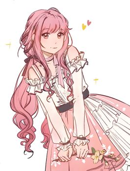 1girl absurdres bare_shoulders bead_necklace beads belt black_belt black_bow black_ribbon bow bow_choker bowtie branch brown_eyes bud buttons center_frills choker closed_mouth clothing_cutout collarbone commentary cowboy_shot dot_nose flower frilled_shirt frilled_skirt frilled_sleeves frills hair_bow hair_ribbon happy heart highres holding holding_branch infinity_nikki jewelry layered_skirt long_hair long_sidelocks long_sleeves low_twintails medium_skirt necklace nikki_(nikki) nikki_(series) orange_flower perfect_start_(infinity_nikki) pink_bow pink_bowtie pink_choker pink_hair pink_skirt pleated_skirt print_skirt procreate_(medium) puffy_long_sleeves puffy_sleeves ribbon see-through_clothes see-through_sleeves shan7111 shirt shoulder_cutout sidelocks simple_background single_stripe skirt sleeves_past_wrists smile snowflake_print snowflakes solo sparkle striped_bow striped_bowtie striped_choker striped_clothes symbol-only_commentary tress_ribbon twintails very_long_hair wavy_hair white_background white_shirt white_skirt