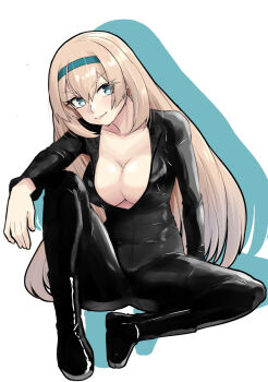 1girl alternate_costume animal_print black_bodysuit bodysuit breasts catsuit commentary_request fish_print full_body green_hairband hairband highres kantai_collection large_breasts nekotarou_(nktr299) open_bodysuit open_clothes sitting smile solo unzipped victorious_(kancolle) white_background