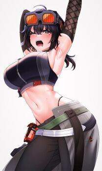1girl ahoge arm_warmers armpits arms_up belt black_choker black_hair black_pants black_sports_bra breasts buckle cape choker commentary cowboy_shot explosive fishnet_gloves fishnets gloves goggles goggles_on_head grace_howard grenade grey_belt hair_between_eyes highres large_breasts long_hair looking_at_viewer luunamito midriff navel one_eye_closed open_mouth orange_eyes pants saliva shoulder_tattoo sidelocks simple_background snap-fit_buckle solo sports_bra standing sweat tattoo tears teeth upper_teeth_only waist_cape white_background white_cape yawning zenless_zone_zero