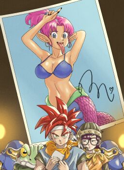 armpits bikini bikini_top_only black_nails breasts chrono_trigger crono_(chrono_trigger) earrings frog_(chrono_trigger) glasses green_eyes grey_eyes hands_up headband high_ponytail highres holding holding_photo hoop_earrings horizontal_pupils jewelry lamia large_breasts long_tongue looking_at_viewer lucca_ashtear medium_hair mianne monster_girl navel photo_(object) pink_hair pointy_ears ponytail red_hair signature slit_pupils spiked_hair stomach swimsuit tongue tongue_out white_headband yuto_sakurai