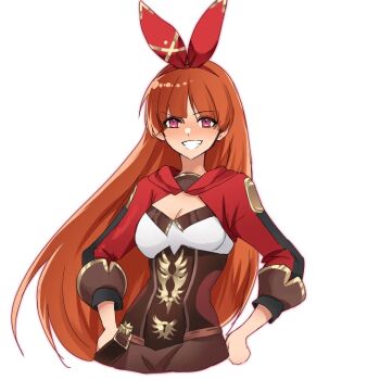 Rule 34 | 1girl, amber (genshin impact), amber (genshin impact) (cosplay), blossom (ppg), breasts, brown hair, brown shorts, cosplay, debodraw, genshin impact, hair between eyes, hair ribbon, hairband, long hair, long sleeves, pink eyes, powerpuff girls, red hairband, red hood, red ribbon, ribbon, shirt, shorts, smile, solo, teeth, very long hair