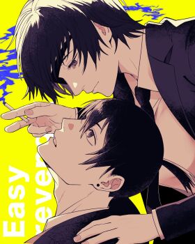 1boy 1girl black_hair black_jacket black_necktie breasts chainsaw_man cigarette closed_mouth collared_shirt commentary_request earrings eyepatch hair_between_eyes hayakawa_aki highres himeno_(chainsaw_man) holding holding_cigarette jacket jewelry looking_at_another medium_breasts necktie okiba0 parted_lips ponytail shirt short_hair short_ponytail suit_jacket white_shirt yellow_background