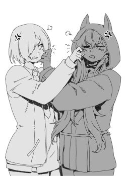 2girls anger_vein body_markings breasts cheek_pinching choker crossed_bangs demon_girl demon_horns dress ear_piercing fate/grand_order fate_(series) greyscale hair_between_eyes hair_over_one_eye highres hood horns jacket lilith_(fate) lilith_(first_ascension)_(fate) long_hair long_sleeves looking_at_another looking_to_the_side low_twintails mash_kyrielight medium_breasts minew monochrome multiple_girls necktie one_eye_closed open_clothes open_jacket piercing pinching short_hair tearing_up twintails