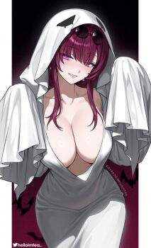 1girl artist_name blush border breasts cleavage collarbone commentary earrings english_commentary eyewear_on_head ghost_costume ghost_pose glasses gradient_background hair_intakes halloween_costume hands_up helloimtea highres honkai:_star_rail honkai_(series) jewelry kafka_(honkai:_star_rail) large_breasts leaning_forward letterboxed long_hair looking_at_viewer naughty_face no_bra paid_reward_available parted_lips pince-nez purple_background purple_eyes purple_hair round_eyewear sheet_ghost sidelocks smile solo sunglasses twitter_username white_border