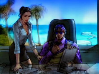 1boy 1girl adjusting_clothes adjusting_necktie beach black_skirt bracelet breasts brown_hair chair cleavage collared_shirt computer_keyboard desk formal_clothes game_cg hair_bun jewelry kawano_takuji lee_chaolan monitor necklace necktie official_alternate_costume official_alternate_hair_color official_art palm_tree purple_hair purple_shirt screen shirt sitting skirt sleeves_rolled_up suit sunglasses tekken tekken_4 tree vest waistcoat white_shirt