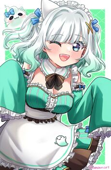 1girl ;d amaimi apron black_bow black_bowtie blue_eyes blush border bow bowtie breasts cleavage commentary_request cowboy_shot detached_collar detached_sleeves dress fangs frilled_apron frilled_sleeves frills gradient_hair green_background green_dress green_hair hair_ornament indie_virtual_youtuber large_breasts looking_at_viewer maid_headdress medium_hair mint_fantome mint_fantome_(minto_2.0) multicolored_hair one_eye_closed open_mouth outside_border sleeve_garter smile solo striped_clothes striped_dress teeth triangular_headpiece twitter_username two-tone_hair upper_teeth_only vertical-striped_clothes vertical-striped_dress very_long_sleeves virtual_youtuber waist_apron white_apron white_border white_hair x_hair_ornament