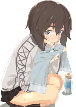 1girl black_hair black_socks blue_eyes blush bottle brown_hair commentary grey_jacket hair_between_eyes hayasui_(kancolle) holding jacket kantai_collection kneehighs long_sleeves looking_at_viewer miniskirt ningen_(ningen96) open_mouth pleated_skirt simple_background skirt socks solo squatting suggestive_fluid sweat tongue tongue_out towel white_background