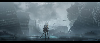 1girl 2b_(nier:automata) absurdres artist_name back_cutout battle_damage black_dress black_thighhighs boots building bush city clothing_cutout dress feather-trimmed_sleeves feather_trim feathers gloves glowing high_heel_boots high_heels highres juliet_sleeves letterboxed long_sleeves nid417 nier:automata nier_(series) puddle puffy_sleeves rain ruins scenery short_hair solo thighhighs thighhighs_under_boots virtuous_contract weapon white_hair windmill