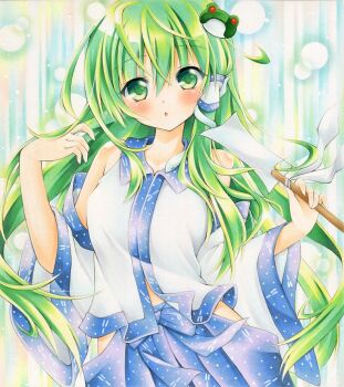 1girl :o asymmetrical_sidelocks bare_shoulders blue_skirt breasts collared_shirt commentary_request detached_sleeves frog_hair_ornament gohei green_eyes grey_hair hair_between_eyes hair_ornament hair_tubes hand_up holding holding_gohei kochiya_sanae lens_flare long_hair long_sleeves looking_at_viewer marker_(medium) medium_breasts parted_bangs shirt sidelocks single_hair_tube skirt sleeveless sleeveless_shirt snake_hair_ornament solo touhou traditional_media wassmint white_shirt white_sleeves wide_sleeves