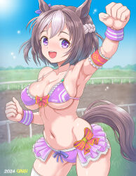 Rule 34 | 1girl, animal ears, bikini, blue sky, bow, braid, breasts, brown hair, cleavage, clenched hands, cloud, commentary request, day, ear bow, ear ribbon, french braid, frilled bikini, frills, highres, horse ears, horse girl, horse tail, kureyon, medium breasts, multicolored hair, navel, open mouth, outdoors, purple bow, purple eyes, racetrack, railing, short hair, sky, smile, solo, special week (umamusume), swimsuit, tail, teeth, two-tone hair, umamusume, upper teeth only, white hair, wrist cuffs