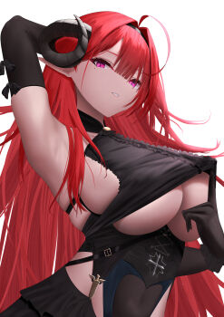 1girl absurdres ahoge arm_behind_head arm_up armpits azur_lane black_gloves black_horns breasts center_cross_lace center_frills cleavage clothes_lift clothing_cutout commentary_request covered_navel curled_horns demon_wings elbow_gloves frills gloves hair_intakes highres hindenburg_(azur_lane) horns index_finger_raised large_breasts lifting_own_clothes long_hair looking_at_viewer mole mole_under_eye pink_pupils red_hair revision sawtooth shirt_lift slit solo underboob underboob_cutout upper_body very_long_hair white_background wings