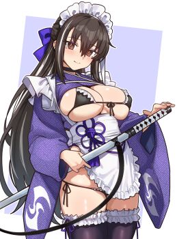 1girl absurdres adapted_costume apron bikini black_hair black_thighhighs blue_background breasts brown_eyes cleavage earrings ebora fate/grand_order fate_(series) front-tie_bikini_top front-tie_top hair_between_eyes highres holding holding_sword holding_weapon japanese_clothes jewelry katana kawakami_gensai_(fate) kawakami_gensai_(second_ascension)_(fate) kimono large_breasts long_hair looking_at_viewer maid maid_apron maid_bikini maid_headdress multicolored_hair purple_kimono sheath sheathed side-tie_bikini_bottom smile solo streaked_hair swimsuit sword thighhighs two-tone_background unconventional_maid wa_maid weapon white_background white_hair wide_sleeves