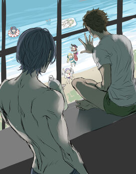 4boys 4girls asphyxiation beach bikini black_bikini blonde_hair blue_eyes blue_hair bottle braid brown_hair female_byleth_(fire_emblem) male_byleth_(fire_emblem) claude_von_riegan day dorothea_arnault drowning fire_emblem fire_emblem:_three_houses fire_emblem_heroes fish float flower from_behind green_hair green_male_swimwear green_swim_trunks hair_flower hair_ornament hat hat_flower holding holding_bottle ingrid_brandl_galatea innertube long_hair lorenz_hellman_gloucester lying male_swimwear matching_hair/eyes multiple_boys multiple_girls nintendo ore_sensei purple_hair rhea_(fire_emblem) shirt short_hair short_sleeves sitting sky smile swim_ring swim_trunks swimsuit sylvain_jose_gautier topless_male water water_bottle window