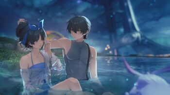 1boy 1girl alternate_costume bare_shoulders black_eyes black_hair blue_dress breasts chinese_commentary collarbone commentary_request dress game_screenshot_background grey_shirt hair_between_eyes hair_up highres kohane_kun looking_at_another male_rover_(wuthering_waves) medium_breasts mole mole_under_eye parted_lips partially_submerged rover_(wuthering_waves) screenshot_background see-through_clothes see-through_shirt shirt single_off_shoulder sitting smile tacet_mark_(wuthering_waves) textless_version toned toned_male white_shirt wuthering_waves yangyang_(wuthering_waves) yellow_eyes