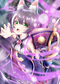 1girl :o absurdres animal_ear_fluff animal_ears bare_shoulders black_hair breasts cat_ears cat_girl detached_sleeves dress fang gao green_eyes highres karyl_(princess_connect!) long_hair looking_at_viewer low_twintails magic multicolored_hair open_mouth princess_connect! signature sleeveless sleeveless_dress small_breasts solo streaked_hair summoning takemura_kou twintails very_long_hair white_hair