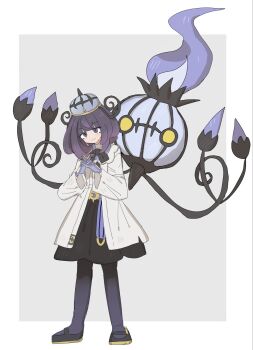 1girl black_dress black_hair black_shoes blunt_bangs bob_cut chandelure closed_mouth coat dress eyelashes full_body gen_5_pokemon gloves gradient_hair gwynn_(pokemon) han0579 hat highres interlocked_fingers long_sleeves looking_at_viewer multicolored_hair nintendo open_clothes open_coat pantyhose partially_fingerless_gloves pokemon pokemon_(creature) pokemon_legends:_z-a purple_eyes purple_hair shoes short_hair simple_background smile standing white_coat