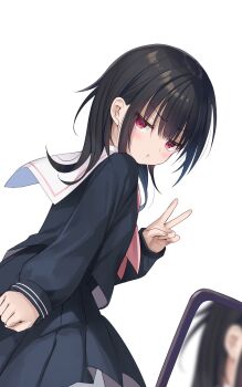 Rule 34 | 1girl, black hair, black shirt, black skirt, blush, cellphone, cellphone photo, commentary, cowboy shot, from side, highres, long sleeves, looking at viewer, medium hair, na-ga, neckerchief, original, phone, pink neckerchief, pout, pov, red eyes, sailor collar, school uniform, shirt, simple background, skirt, solo, v, white background, white sailor collar, wind