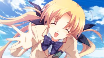 1girl antenna_hair black_bow blazer blonde_hair blue_sky blush bow bowtie chaos;head chaos;head_love_chu_chu! closed_eyes cloud cloudy_sky collared_shirt facing_viewer from_below game_cg hair_bow happy jacket jewelry lapels leaning_forward long_hair matsuo_yukihiro notched_lapels official_art open_mouth orihara_kozue ornate_ring outstretched_hand palms plaid_bow plaid_bowtie plaid_clothes purple_bow purple_bowtie red_trim ring school_emblem school_uniform science_adventure shirt sky solo suimei_school_uniform sunlight tongue twintails white_shirt