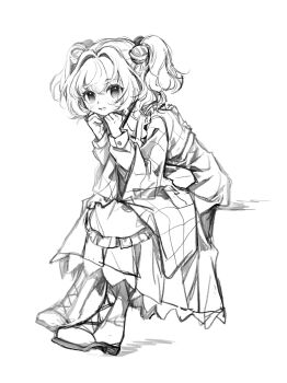 Rule 34 | 1girl, 80isiiii, absurdres, bell, blush, boots, checkered clothes, checkered kimono, chinese commentary, commentary request, full body, greyscale, hair bell, hair ornament, highres, japanese clothes, jingle bell, kimono, long sleeves, monochrome, motoori kosuzu, open mouth, short hair, simple background, sketch, smile, solo, touhou, two side up, white background, wide sleeves