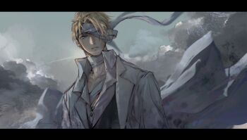 Rule 34 | 1boy, bandage over one eye, bandaged neck, bandages, black border, black vest, blonde hair, blue eyes, border, cloud, cloudy sky, coat, collarbone, ddddctb, final fantasy, final fantasy vii, final fantasy vii: advent children, hashtag-only commentary, highres, letterboxed, long coat, looking at viewer, male focus, outdoors, parted bangs, parted lips, rufus shinra, shirt, short hair, sky, solo, vest, white coat, white shirt