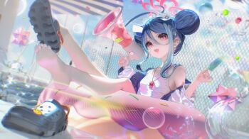 1girl absurdres afloat antenna_hair barefoot blue_archive blue_hair blue_jacket blurry blurry_background breasts bubble chain-link_fence crocs day double-parted_bangs double_bun donut_innertube eskm00 feet fence food fubuki_(blue_archive) fubuki_(swimsuit)_(blue_archive) hair_between_eyes hair_bun halo hashtag-only_commentary heart highres holding holding_food holding_megaphone holding_popsicle index_finger_raised innertube jacket lens_flare light_rays long_hair looking_at_viewer megaphone off_shoulder official_alternate_costume on_water one-piece_swimsuit open_clothes open_jacket open_mouth outdoors outstretched_legs pink_eyes pink_halo pool popsicle shoes single_shoe small_breasts smile soles solo sparkle sunbeam sunlight swim_ring swimsuit toes unworn_shoes visor_cap water whistle whistle_around_neck white_one-piece_swimsuit