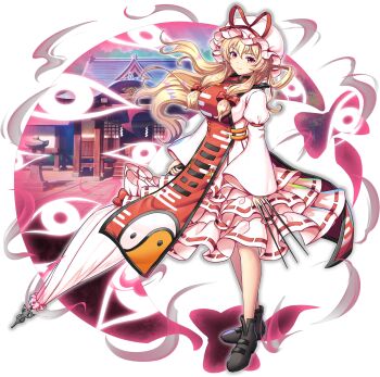 1girl alternate_color blonde_hair bow breasts brown_shoes building closed_mouth closed_umbrella dress embodiment_of_scarlet_devil frilled_dress frills full_body game_cg gap_(touhou) hair_bow hakurei_shrine hat hat_ribbon highres holding holding_needle holding_umbrella juliet_sleeves large_breasts long_hair long_sleeves looking_at_viewer mob_cap needle official_art parasol puffy_sleeves red_bow red_ribbon red_tabard ribbon ribbon-trimmed_dress ribbon_trim rotte_(1109) shoes sidelocks smile solo stone_lantern tabard third-party_source throwing_needles touhou touhou_lostword transparent_background trigram umbrella white_dress white_hat wide_sleeves yakumo_yukari yakumo_yukari_(scarlet) yellow_eyes yin_yang yin_yang_print