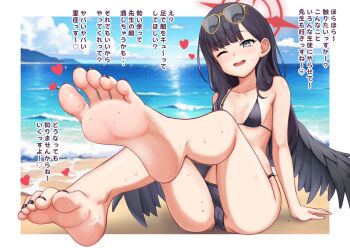 1girl barefoot beach bikini black_bikini black_wings blue_archive breasts cameltoe collarbone day eyewear_on_head feet foot_focus horizon ichika_(blue_archive) ichika_(swimsuit)_(blue_archive) kagura0 nail_polish one_eye_closed open_mouth outdoors sand small_breasts smile soles solo swimsuit talking teasing toenails toes wings