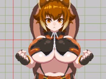 1girl animal_ears animated animated_gif antenna_hair arc_system_works bare_shoulders belt black_gloves black_panties black_thighhighs blazblue bouncing bouncing_breasts breasts brown_eyes brown_hair camera clenched_hand crop_top curvy fighting_stance fingerless_gloves gloves hair_between_eyes huge_breasts idle_animation large_breasts looking_at_viewer looping_animation makoto_nanaya medium_hair midriff multiple_views navel panties pixel_art revealing_clothes sakuemon skindentation squirrel_ears squirrel_girl squirrel_tail stomach tail thick_thighs thighhighs thighs underboob underwear