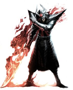 1boy armor black_armor black_pants black_shoes bracer breastplate closed_mouth commentary fire flag_print flaming_sword flaming_weapon full_armor gloves hand_up helmet highres holding holding_sword holding_weapon japanese_armor kabuto_(helmet) kuji-in kusazuri looking_at_viewer male_focus marvel naratani painterly pants pauldrons print_armor rising_sun_flag shoes shoulder_armor silver_samurai simple_background solo sunburst sword weapon white_background white_gloves x-men