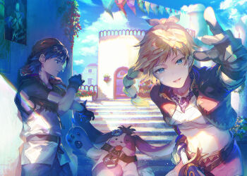 Rule 34 | 1boy, 1girl, animal, belt, black gloves, blonde hair, blue eyes, blue hair, blue sky, brown belt, chrono cross, closed mouth, commentary request, day, dog, fingerless gloves, floating hair, gloves, hand on own hip, highres, kid (chrono cross), looking at viewer, midriff, navel, open mouth, outdoors, pointing, pointing at viewer, ponytail, poshul (chrono cross), serge (chrono cross), shadow, short hair, short sleeves, sky, smile, stomach, sunakumo