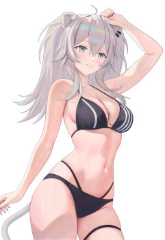 Rule 34 | 1girl, ahoge, animal ears, arabiki50, arm up, bikini, black bikini, black nails, breasts, cleavage, commentary, commentary request, grey eyes, grey hair, grin, halterneck, highres, hololive, large breasts, lion ears, lion girl, lion tail, long hair, navel, shishiro botan, simple background, smile, solo, stomach, string bikini, swimsuit, tail, thigh strap, two side up, very long hair, virtual youtuber, white background