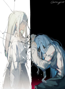 2girls bang_dream! bang_dream!_it's_mygo!!!!! black_ribbon black_skirt blue_hair chinese_commentary clenched_hands commentary_request crack grey_hair hair_ribbon long_hair long_sleeves mouyimouyi multiple_girls puffy_short_sleeves puffy_sleeves ribbon shirt short_sleeves sidelocks sitting skirt split_screen togawa_sakiko two_side_up very_long_hair wakaba_mutsumi white_shirt