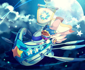 ^_^ animal_ears belt belt_buckle belt_collar blue_belt blue_hood boat buckle cape cape_lift closed_eyes cloud collar commentary_request covered_mouth disembodied_hand flying full_moon gear_print gloves highres kirby_(series) light_blush lor_starcutter magolor mast moon nintendo no_humans oar rayman_limbs rowboat sailboat scarf shirushiki sky spacecraft star_(sky) star_(symbol) starry_sky watercraft white_cape white_gloves white_scarf