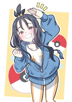 1girl black_hair blue_hoodie blush choker cube_hair_ornament earclip gen_1_pokemon giorgio_(yo_sumire_sola1) grey_eyes grin hair_ornament hood hood_down hoodie leggings lida_(pokemon) long_hair long_sleeves looking_at_viewer nintendo open_mouth orange_leggings partially_unzipped pokemon pokemon_legends:_z-a shirt smile solo staryu teeth topknot two-tone_legwear white_choker white_leggings white_shirt wispy_bangs
