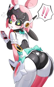 ! !! 1girl absurdres armband ass blush bow breasts commentary commentary_request cowboy_shot dasi_(kwts3227) english_commentary flying_sweatdrops frilled_armband frills green_bow green_eyes highres holding holding_phone humanoid_robot joints leaning_forward looking_at_viewer looking_back mechanical_arms mechanical_ears mechanical_legs medium_breasts metal_skin mixed-language_commentary open_mouth phone polka_dot polka_dot_bow robot robot_girl robot_joints simple_background solo spoken_exclamation_mark sweat white_armband white_background yutane_johiel zenless_zone_zero