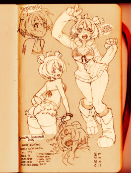 1girl ahoge animal_ears ass bare_shoulders bear_ears bear_girl bear_tail bikini blush bow bow_bikini breasts cardigan character_name cleavage closed_eyes closed_mouth collarbone commentary cropped_legs cropped_shoulders cropped_torso english_commentary english_text facing_to_the_side full_body gao highres kumako_(poch4n) long_sleeves looking_at_viewer looking_back medium_breasts monochrome multiple_views open_cardigan open_clothes open_mouth original paw_shoes photo_(medium) poch4n reference_sheet short_hair short_shorts shorts skindentation socks speech_bubble sweatdrop swimsuit tail tank_top thick_thighs thighhighs thighs traditional_media