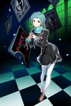 Rule 34 | 1girl, absurdres, black jacket, blue hair, brown eyes, brown shoes, card, checkered floor, commentary, full body, gekkoukan high school uniform, highres, indoors, jacket, leaning forward, long sleeves, looking at viewer, pantyhose, parted lips, pellpt, persona, persona 3, persona 3 reload, school uniform, shoes, short hair, solo, standing, steepled fingers, tarot, white pantyhose, yamagishi fuuka