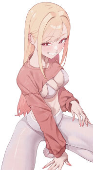 Rule 34 | 1girl, blonde hair, bra, breasts, clothes lift, gradient hair, highres, kitagawa marin, long hair, medium breasts, multicolored hair, nmm, pantyhose, parted lips, pink hair, pink shirt, red eyes, shirt, shirt lift, simple background, smile, solo, sono bisque doll wa koi wo suru, underwear, white background, white bra, white pantyhose